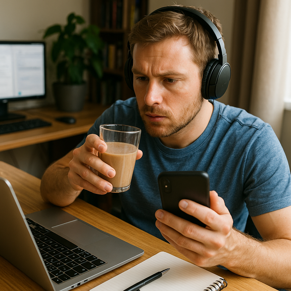 multitasking-muz-pocitac-telefon-mobil-sklenice-sluchatka