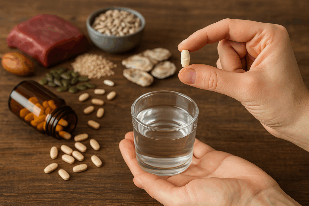 zinek-ucinky-sklenice-voda-kapsle-orech-semena-misa