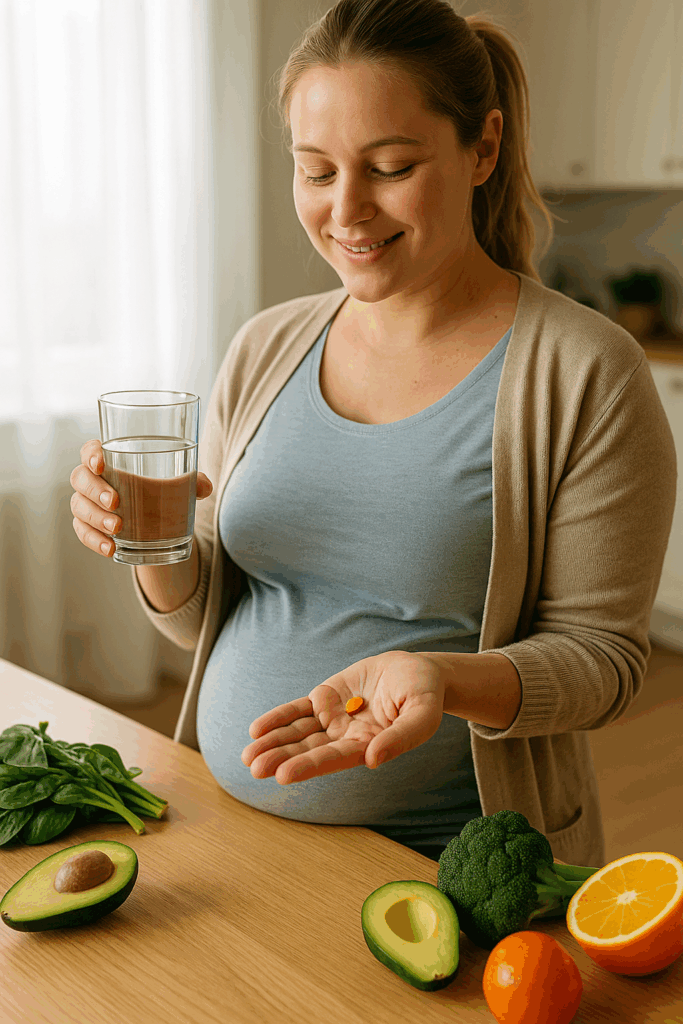 kyselina-listova-zena-sklenice-voda-kapsle-avokado-pomeranc-brokolice-spenat