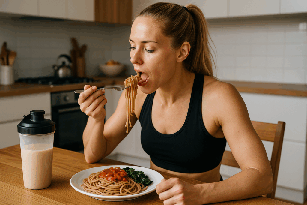 celozrnne-testoviny-zena-talir-spagety-protein-shaker-vidlicka-zidle