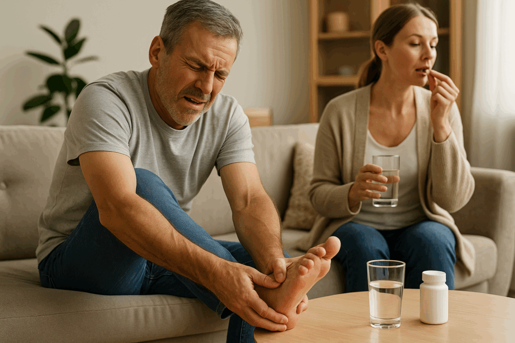 bolest-paty-muz-zena-stul-pohovka-voda-sklenice-doza-kapsle