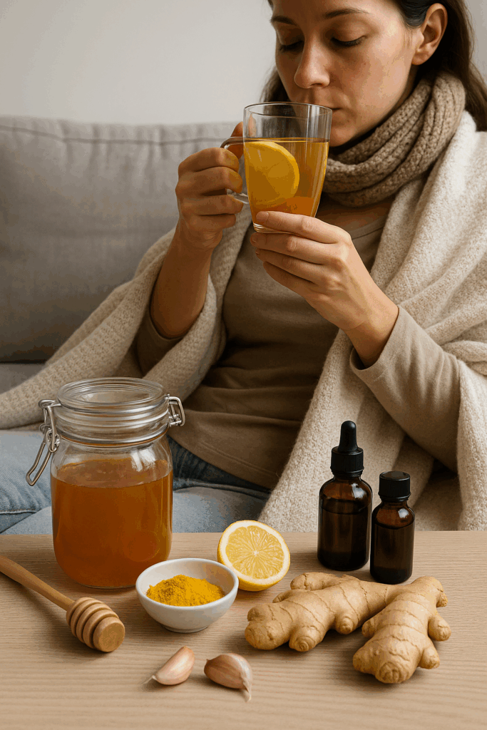 jak-zastavit-zacinajici-nachlazeni-zena-citron-med-misa-zazvor-sklenice-voda-lahev