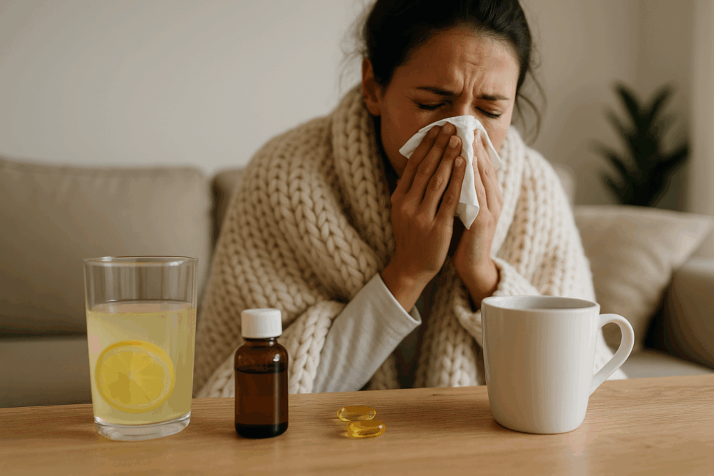 jak-se-zbavit-chripky-pres-noc-zena-deka-pohovka-sklenice-caj-citron-doza-kapsle-hrnek-kapesnik