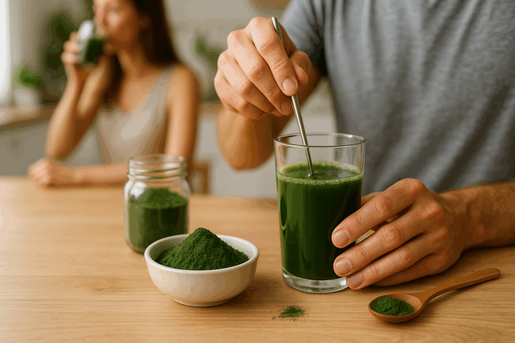 jecmen-a-chlorella-misa-prasek-sklenice-voda-lzice-doza