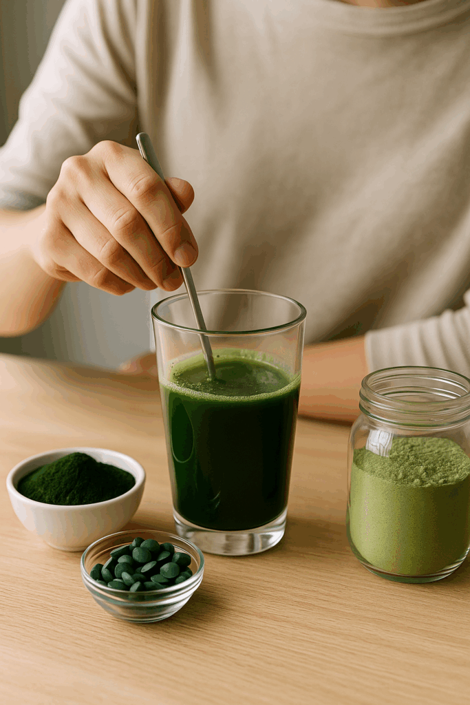 chlorella-spirulina-zeleny-jecmen-sklenice-voda-lzice-misa-nadoba