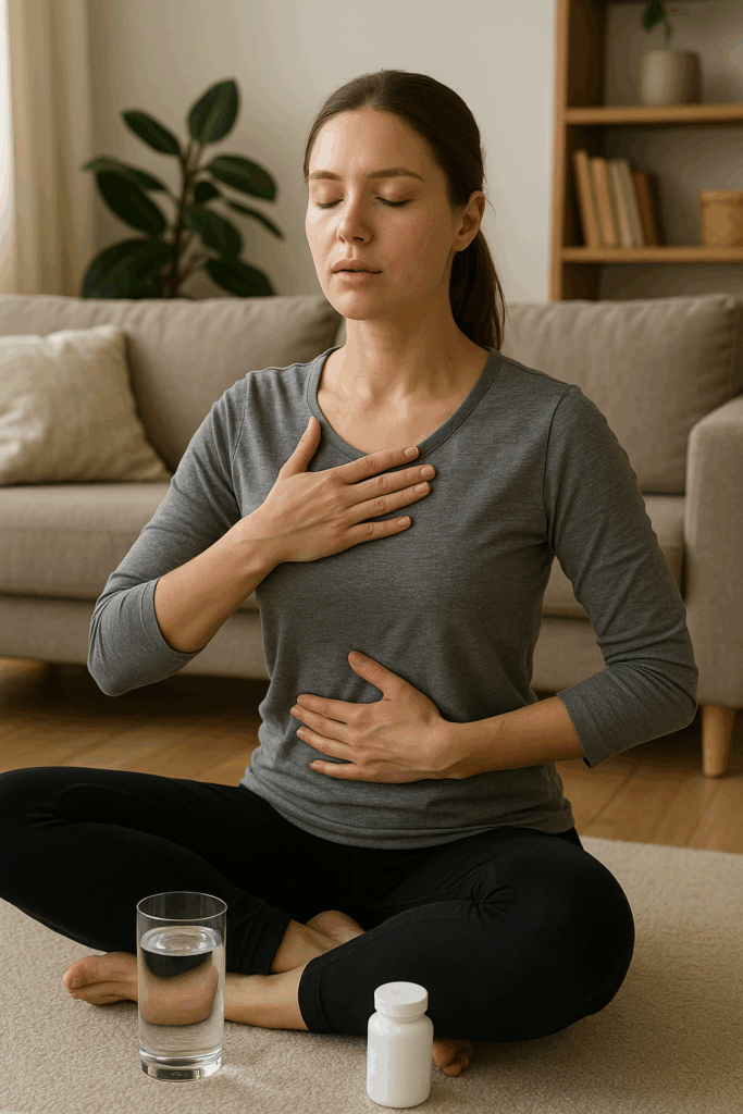 dechove-cviceni-zena-voda-sklenice-doza-pohovka