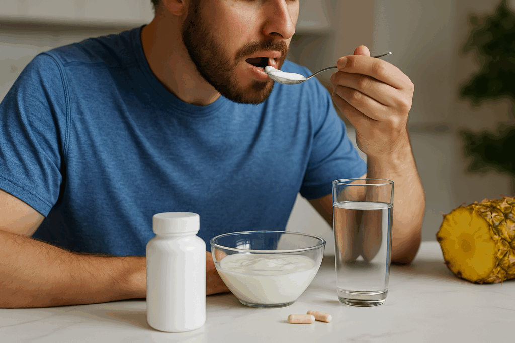 pankreaticke-enzymy-doza-misa-sklenice-voda-ananas-tvaroh