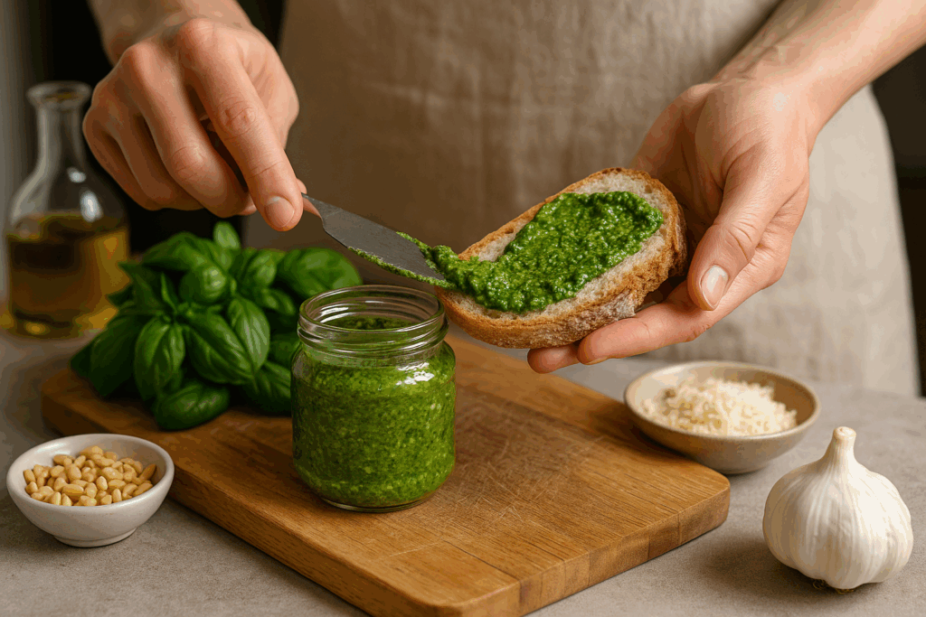 domaci-pesto-sklenice-nuz-chleba-cesnek-bazalka-prkenko