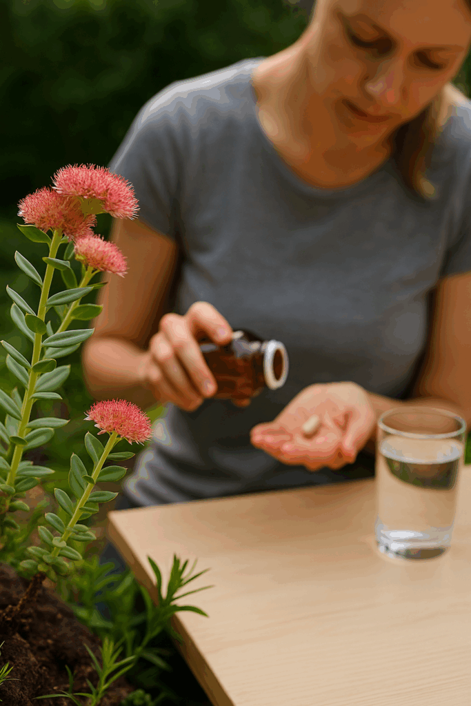 rozchodnice-ruzova-ucinky-zena-rostlina-stul-kapsle-doza-sklenice-voda
