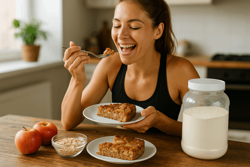 fitness-kolac-z-ovesnych-vlocek-zena-jablko-protein-doza-talir-misa-lzice