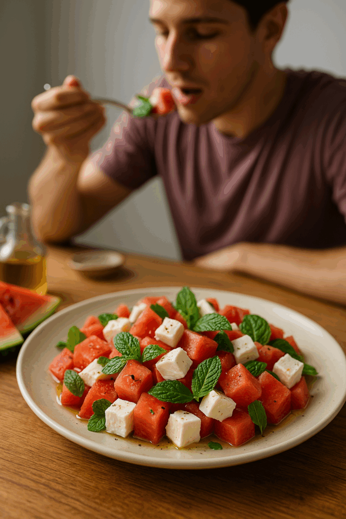 melounovy-salat-muz-lzice-balkansky-syr-misa-olej-lahev